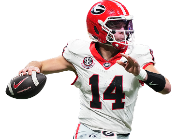 American football quarterback in a white Georgia jersey with number 14, gripping a football and preparing to throw.