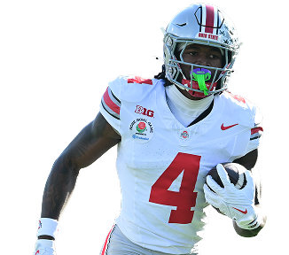 American football player in a white jersey with number 4, helmet on, running with the ball in hand, ready to advance down the field.