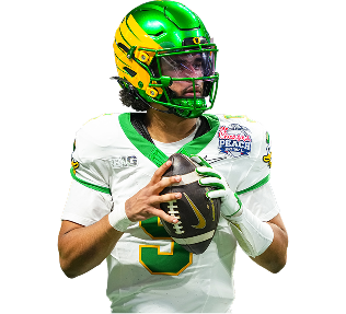 Quarterback in white jersey with green accents, wearing a green-yellow helmet, holding a football and looking to pass