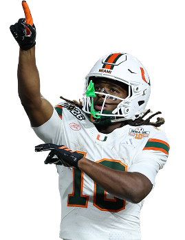 University of Miami football player in white jersey points upward with his right arm, helmet on, number 10 visible.
