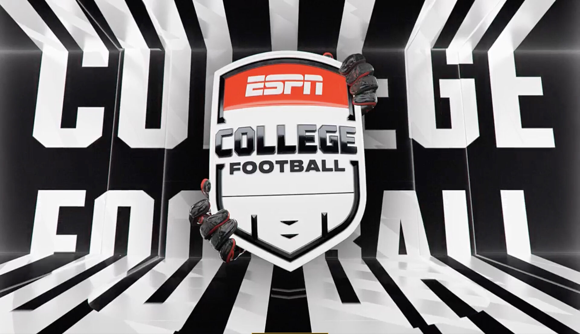 ESPN College Football shield logo centered in a black-and-white striped tunnel, with football gloves gripping the shield on both sides