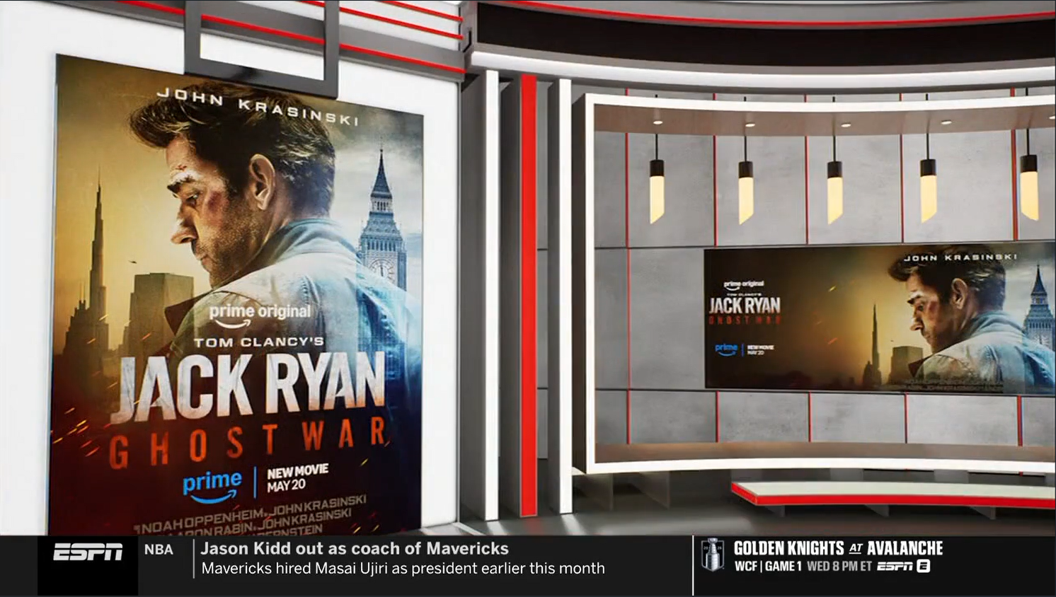 Studio set with a large Jack Ryan: Ghost War poster on the left and a broadcast screen displaying the same poster on the right; a black ESPN-style ticker with sports headlines runs along the bottom.