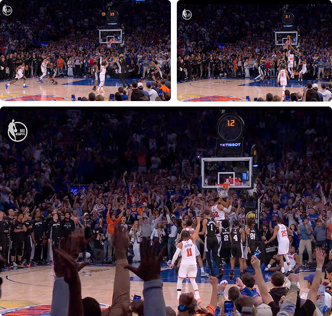 Three-panel basketball scene in a packed arena: players near the basket as fans celebrate a game, with raised hands and cheering spectators visible.